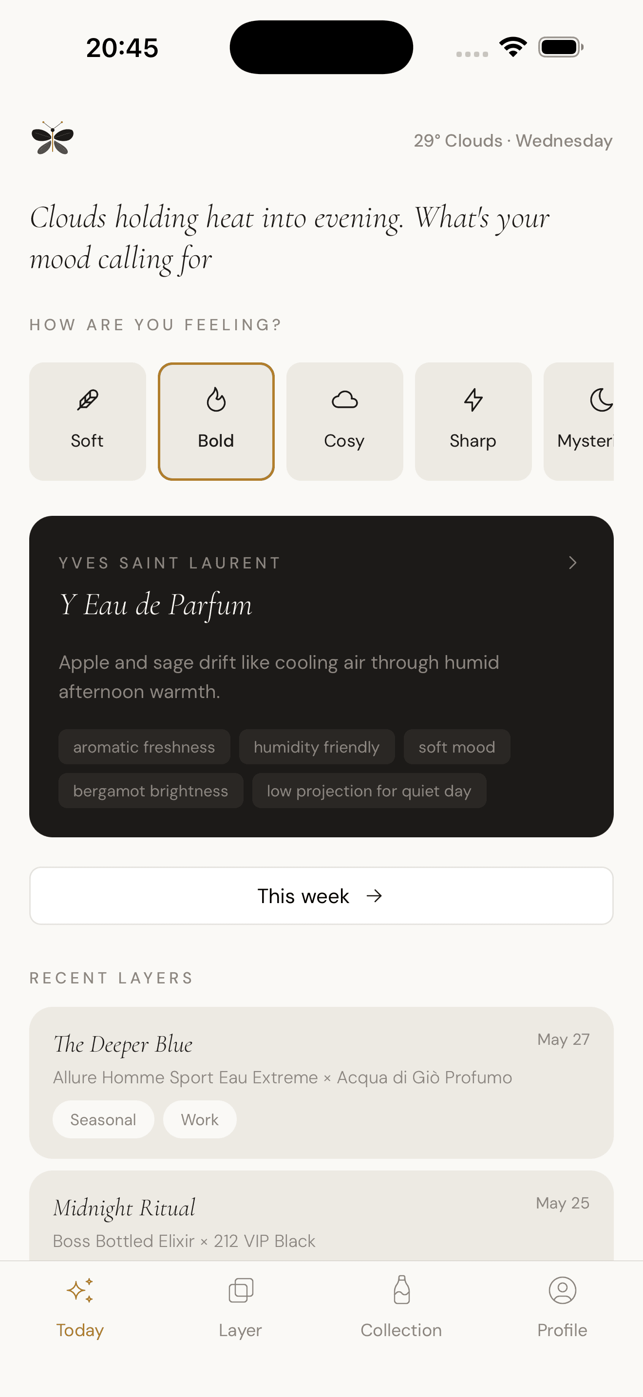 Olfaire home screen showing today's fragrance suggestion by Lumi